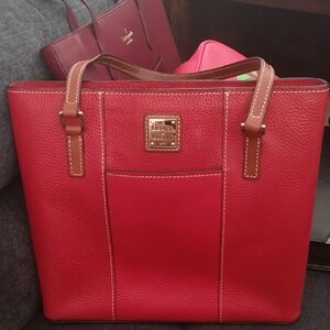 Dooney & Bourke Small Pebble Grain Lexington Red Tote with Brown Accents